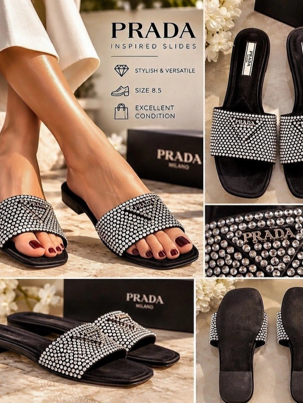 Prada Crystal Embellished Black Sandals US 8.5
